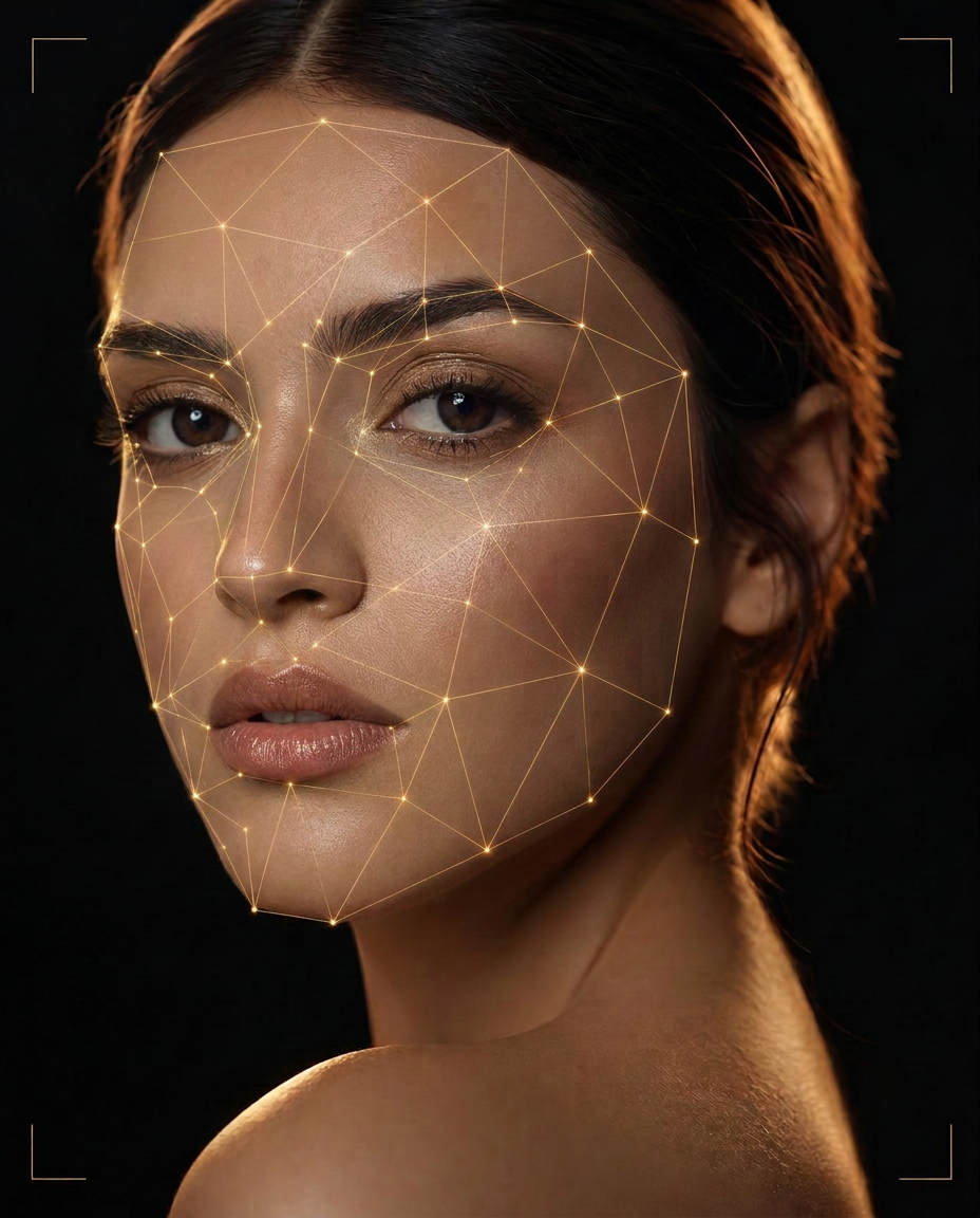Champagne facial landmark mesh over a studio portrait of a woman