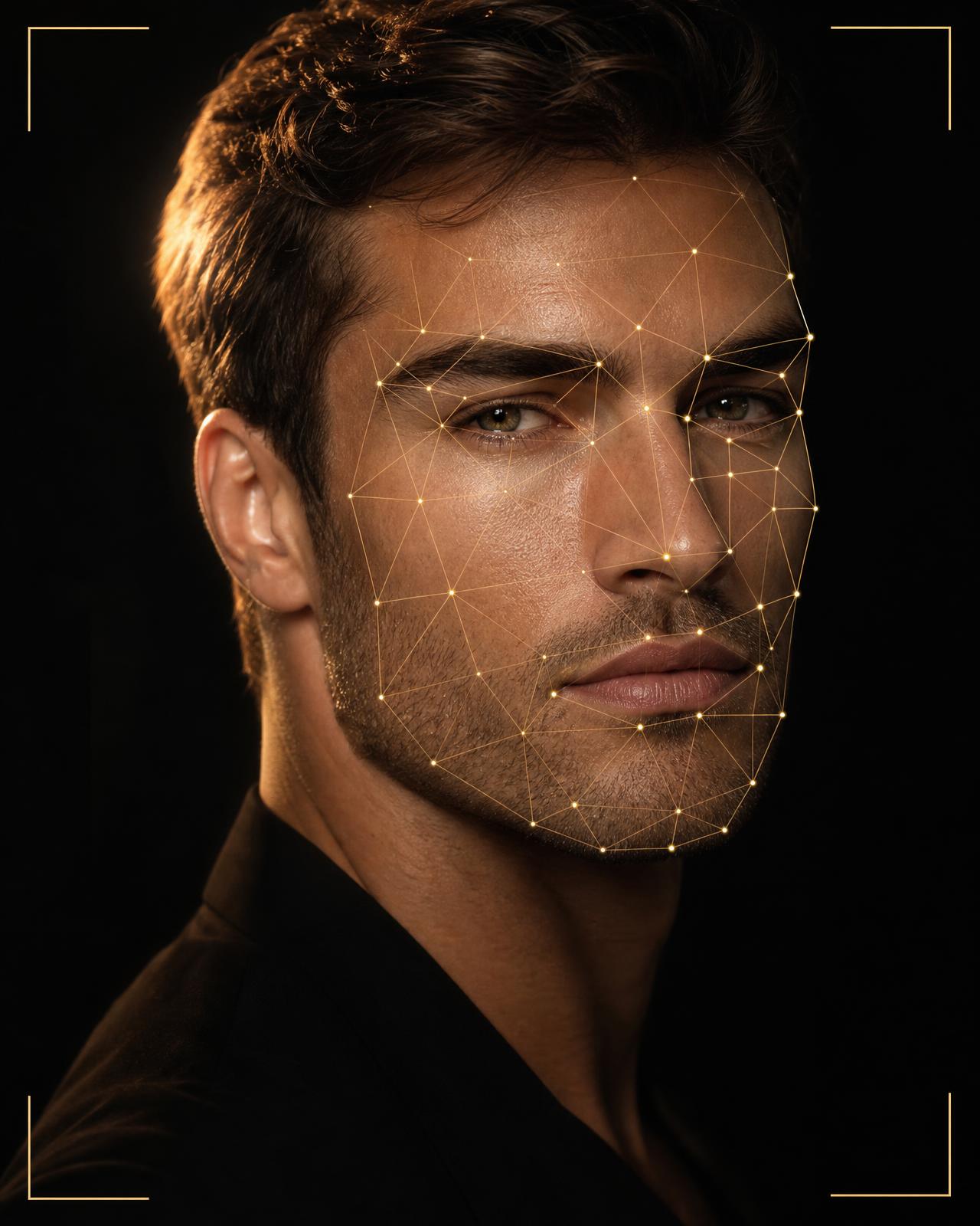 Champagne facial landmark mesh over a studio portrait of a man
